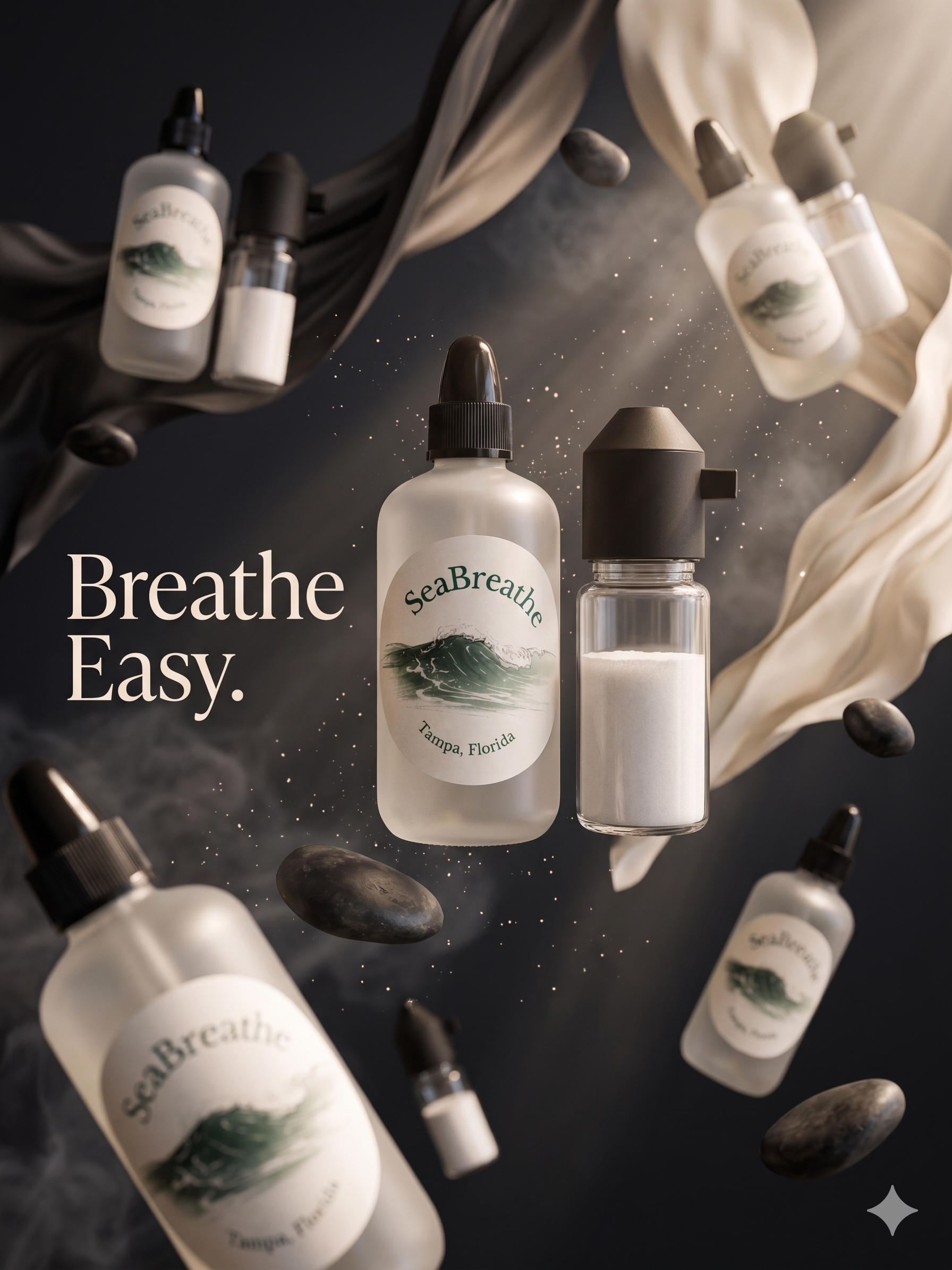 SeaBreathe products with 'Breathe Easy' text on a dark background