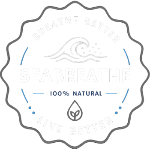 Circular logo with '100% natural' text and droplet icon, featuring a brand logo at the top.