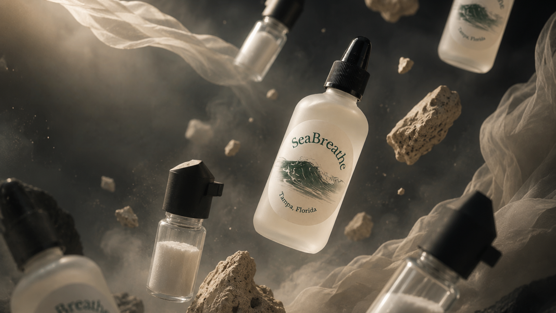 SeaBreathe product bottles with a mystical background of rocks and smoke.