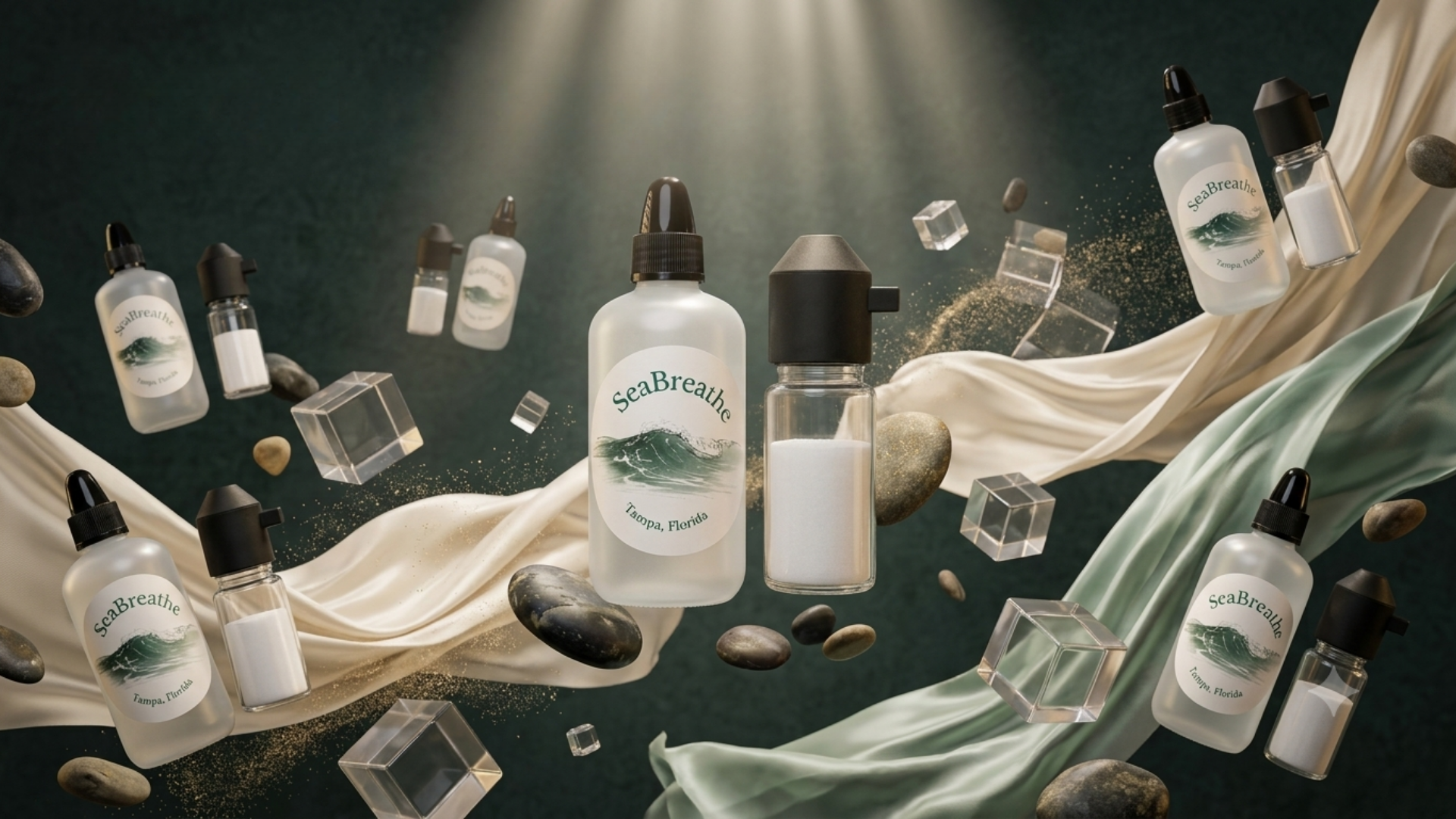SeaBreathe skincare products with bottles and packaging elements on a dark background