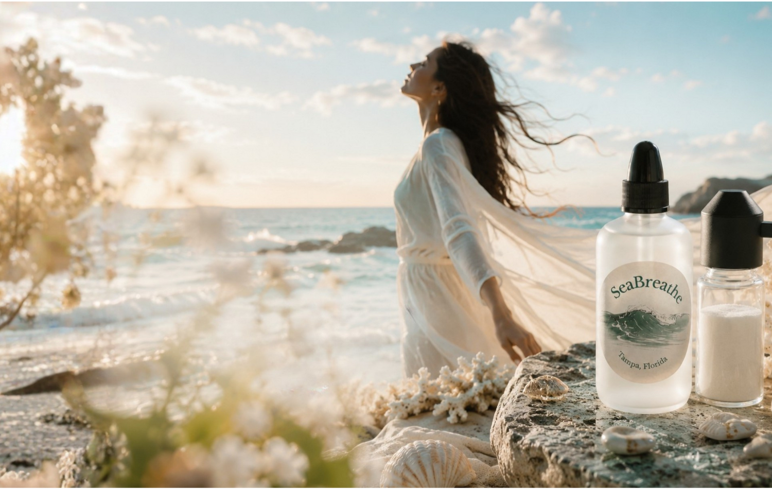 Woman in a white dress sitting on a beach with SeaBreath products in the foreground.