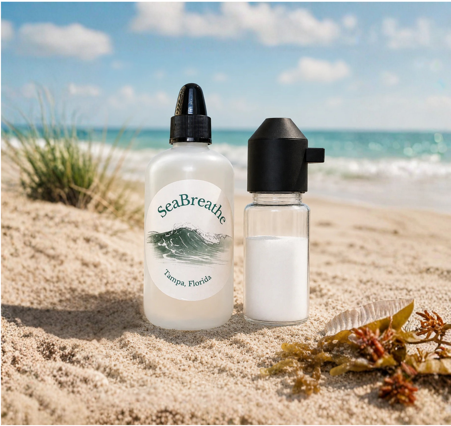 Two bottles with black nozzles on a sandy beach with ocean and sky in the background